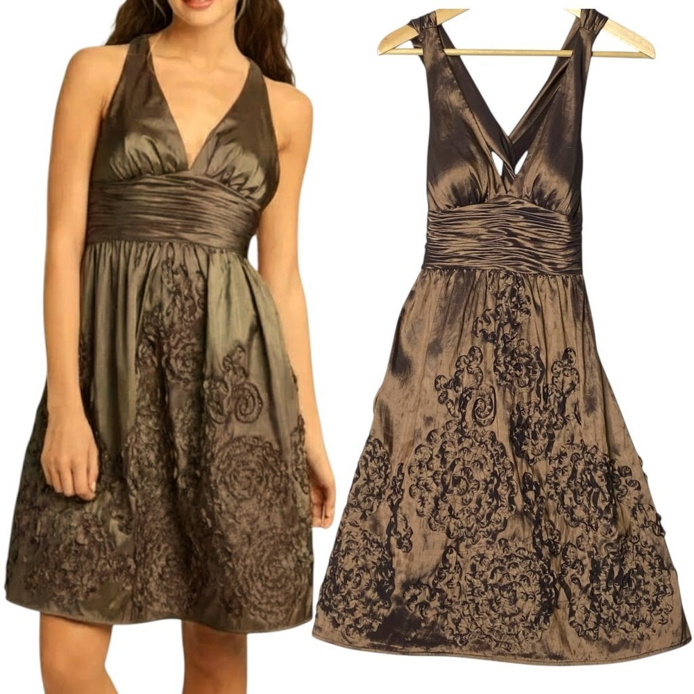 Adrianna Papell Rosette Taffeta Halter‎ Dress Womens 8P Bronze Formal Prom Party